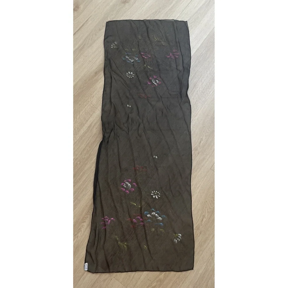 Vintage Scarf Sheer Black Rayon Painted Flowers Women's 17